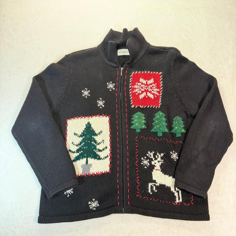 JH Collectibles VTG Womens PXL Christmas Cardigan Zip Sweater Patchwork Black